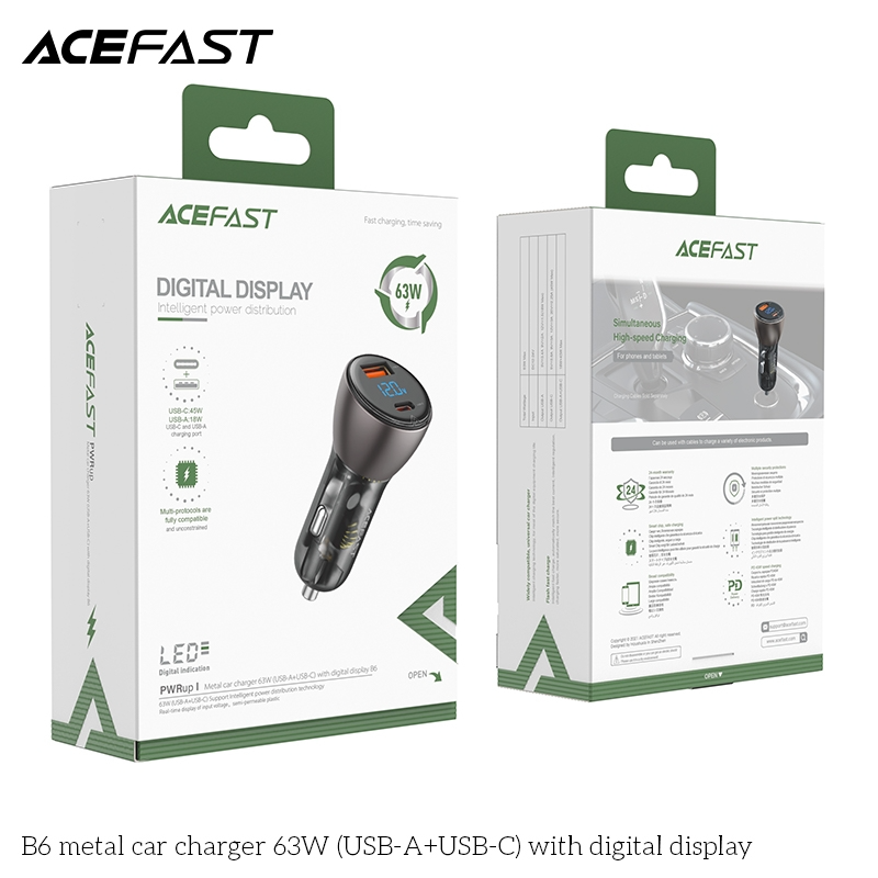Sạc ô tô ACEFAST 63W 2 cổng USB-A + USB-C có đèn hiển thị