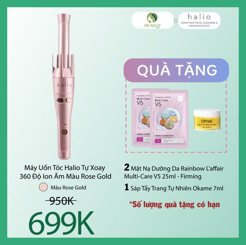 Combo Quà Tặng + Máy Uốn Tóc HALIO Auto Rotating Hair Curler Tự Xoay 360 Độ Ion Âm (Màu Rose Gold)