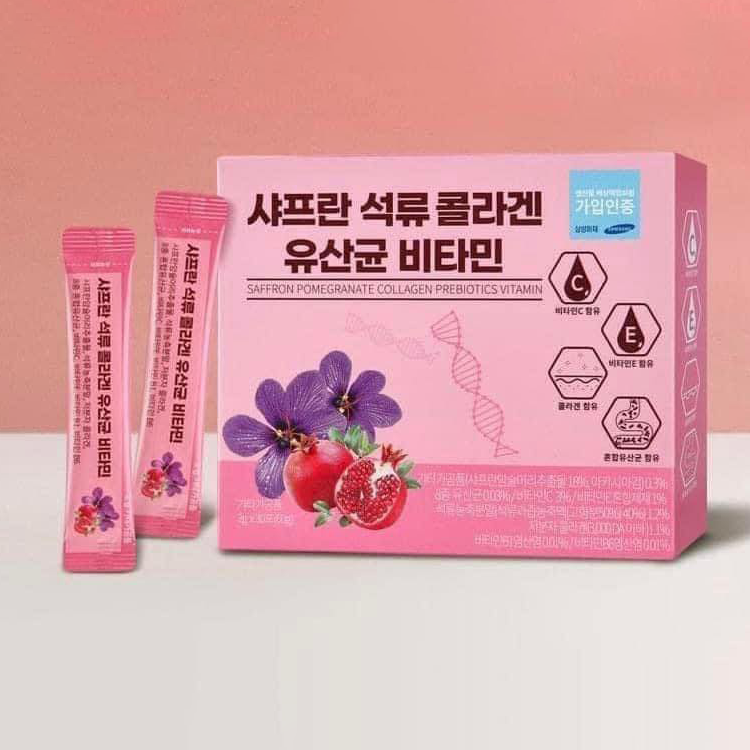 Bột Uống Đẹp Da Korea Bio Health Saffron Pomegranate Collagen Prebiotics Vitamin 30 Gói