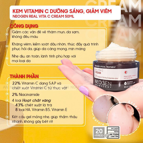 [Date 19/07/2024] Kem Dưỡng Neogen Real Vita C Cream Giúp Trắng Da Giảm Thâm 50ml