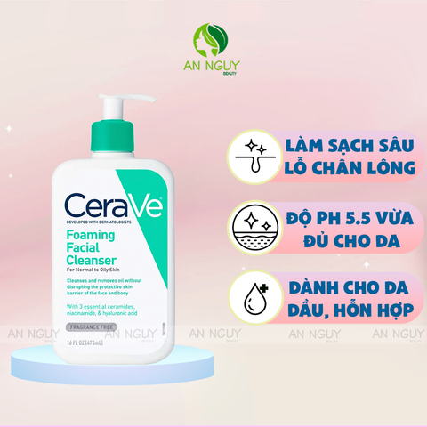 Sữa Rửa Mặt CeraVe Foaming Facial Cleanser For Normal To Oily Skin Làm Sạch Sâu Cho Da Dầu