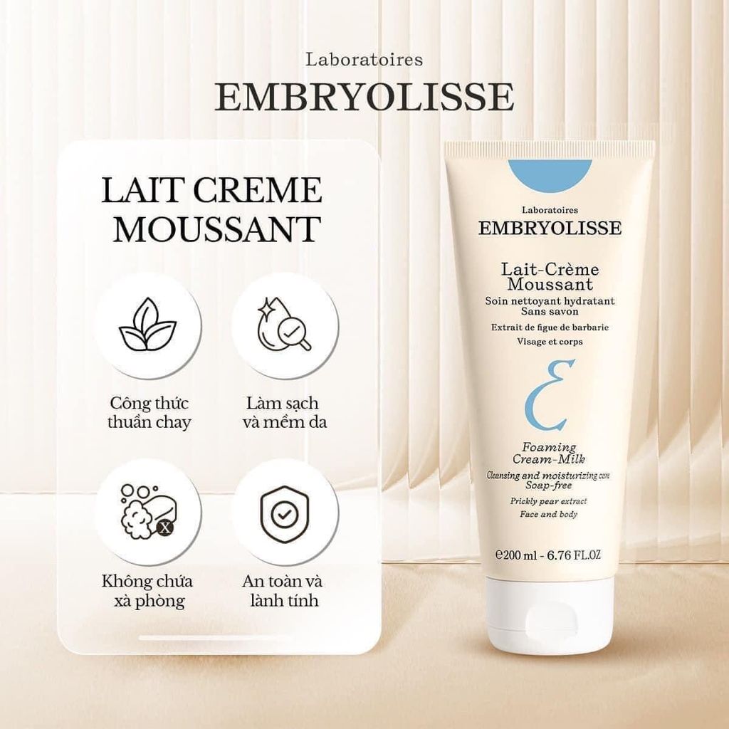 Sữa Rửa Mặt Embryolisse Lait-Crème Moussant Foaming Cream Milk Sạch Sâu Cấp Ẩm 200ml