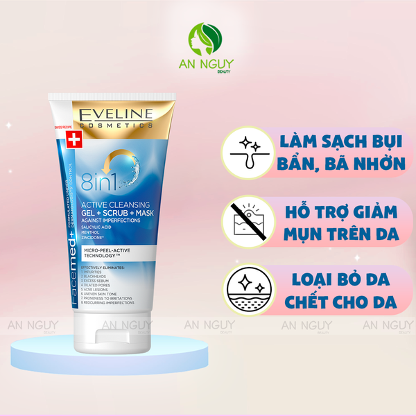 Gel Rửa Mặt Eveline 8 in 1 Active Cleansing Tẩy Tế Bào Chết 150ml