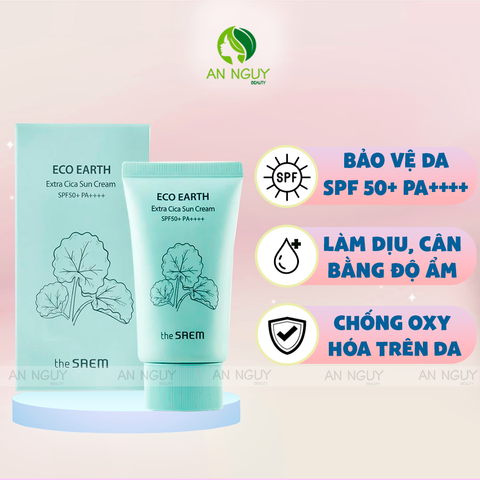 Kem Chống Nắng The Saem Eco Earth Extra Cica Sun Cream SPF50+/PA++++ Chiết Xuất Rau Má, Làm Dịu, Cấp Ẩm 50gr