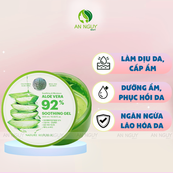 Gel Mặt Nạ Đa Năng Nature Republic 92% Aloe Vera Soothing Gel Chiết Xuất Nha Đam 300ml