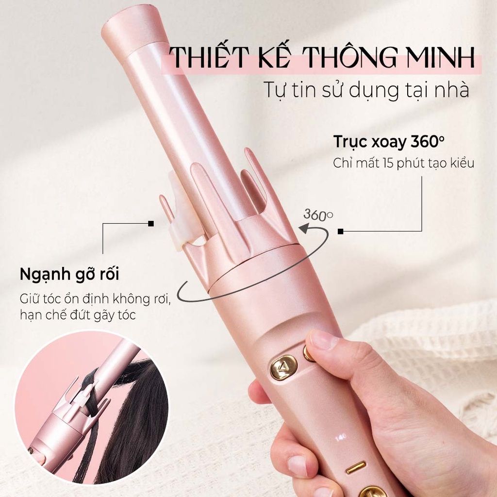 Combo Quà Tặng + Máy Uốn Tóc HALIO Auto Rotating Hair Curler Tự Xoay 360 Độ Ion Âm (Màu Rose Gold)