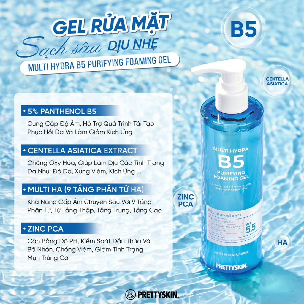 Gel Rửa Mặt PrettySkin Multi Hydra B5 Purifying Foaming Gel Sạch Sâu 300ml