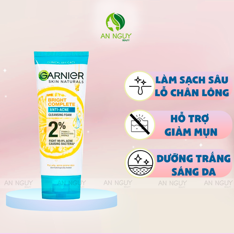 Sữa Rửa Mặt Garnier Bright Complete Anti-Acne Cleansing Foam 3 Trong 1 Giảm Mụn, Dưỡng Sáng Da 100ml