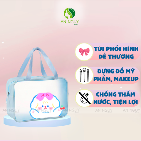 Túi Đựng Mỹ Phẩm Trong Suốt Phối Hình Dễ Thương (Trắng / Hồng / Xanh Dương) Chống Nước Nhiều Kích Thước