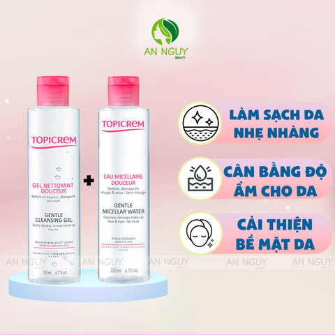 Combo Nước Tẩy Trang Topicrem Gentle Micella Water 200ml + Sửa Rửa Mặt Topicrem Gentle Cleansing Gel 200ml