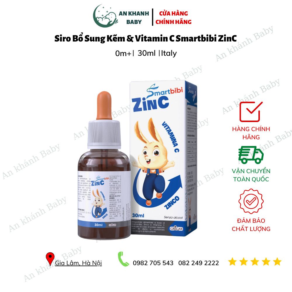 Smartbibi ZINC sirô bổ sung kẽm và Vitamin C hỗ trợ tăng sức đề kháng, cải thiện tình trạng biếng ăn, chậm lớn ở trẻ (30ml)