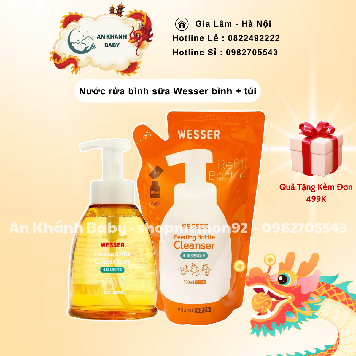 Nước rửa bình sữa -Wesser giúp vệ sinh bình sữa dễ dàng an toàn cho bé sử dụng dung tích 500ml nhập khẩu Hàn Quốc