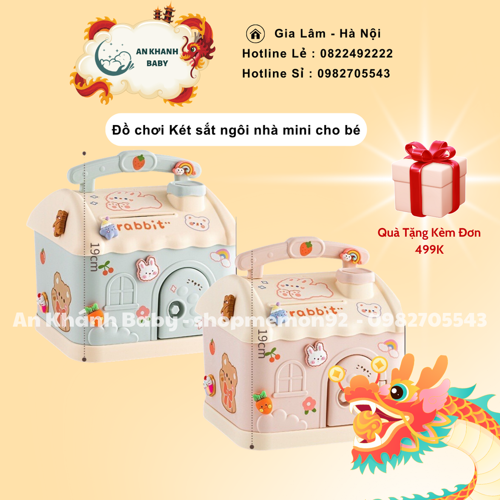 Két mini đựng tiền tiết kiệm hình ngôi nhà có khóa mini cho bé yêu (Tặng Kèm Sticker 3D Nổi)