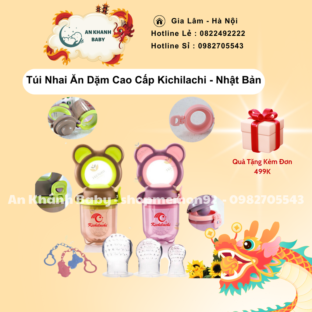 Túi nhai ăn dặm Kichilachi, 3 size núm nhai, kẹp xích