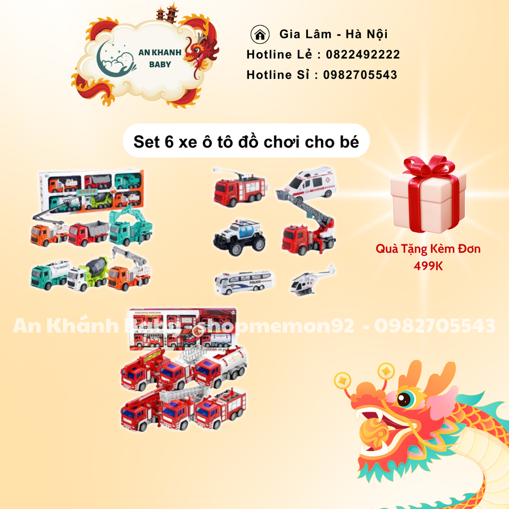 Set 6 xe ô tô cho bé, xe xây dựng công trường, cứu thương, cảnh sát