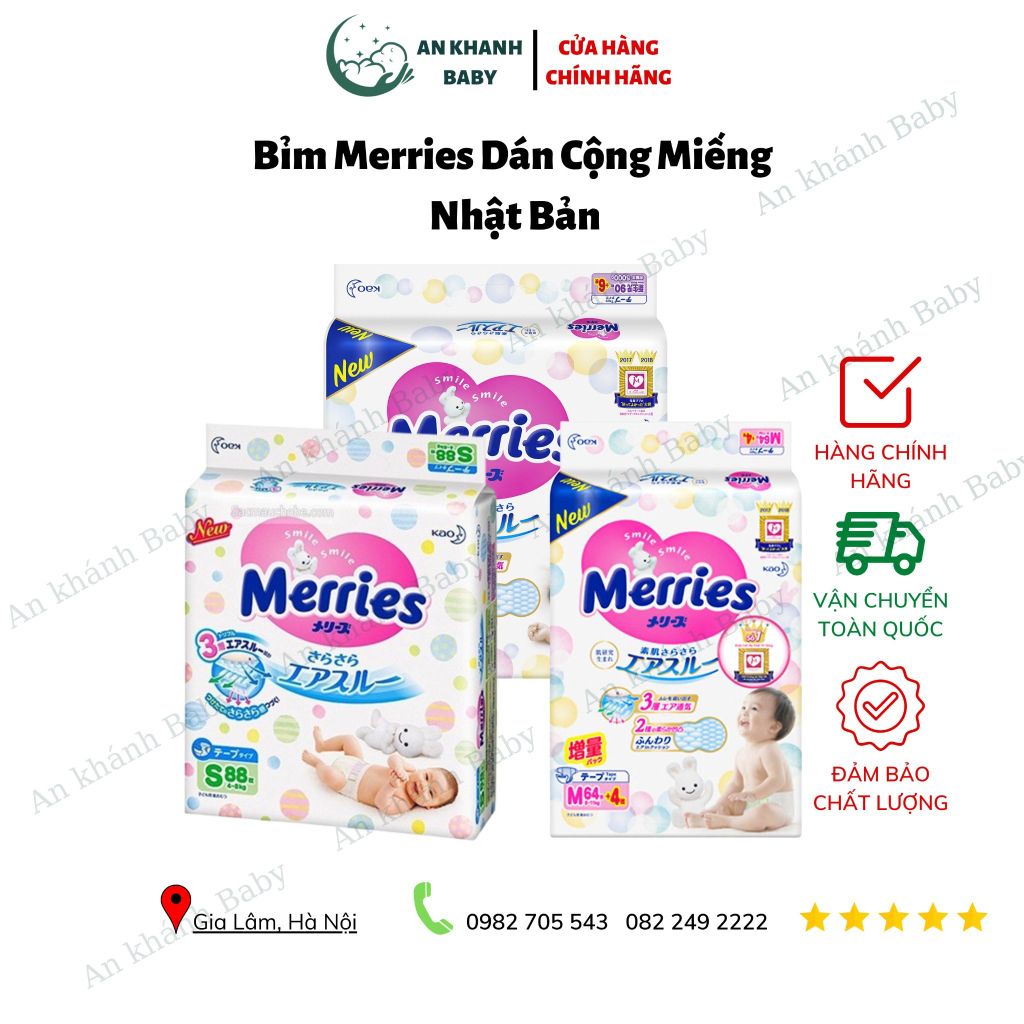 Bỉm Merries dán cộng miếng Nhật Bản đủ size (NB90+6/S82+6/M64+4)