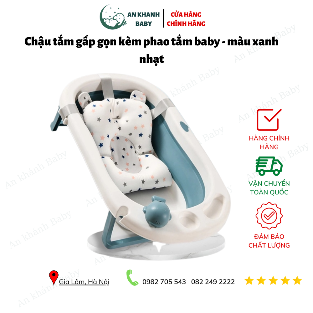 Chậu tắm gấp gọn kèm phao tắm 9 baby - màu xanh nhạt