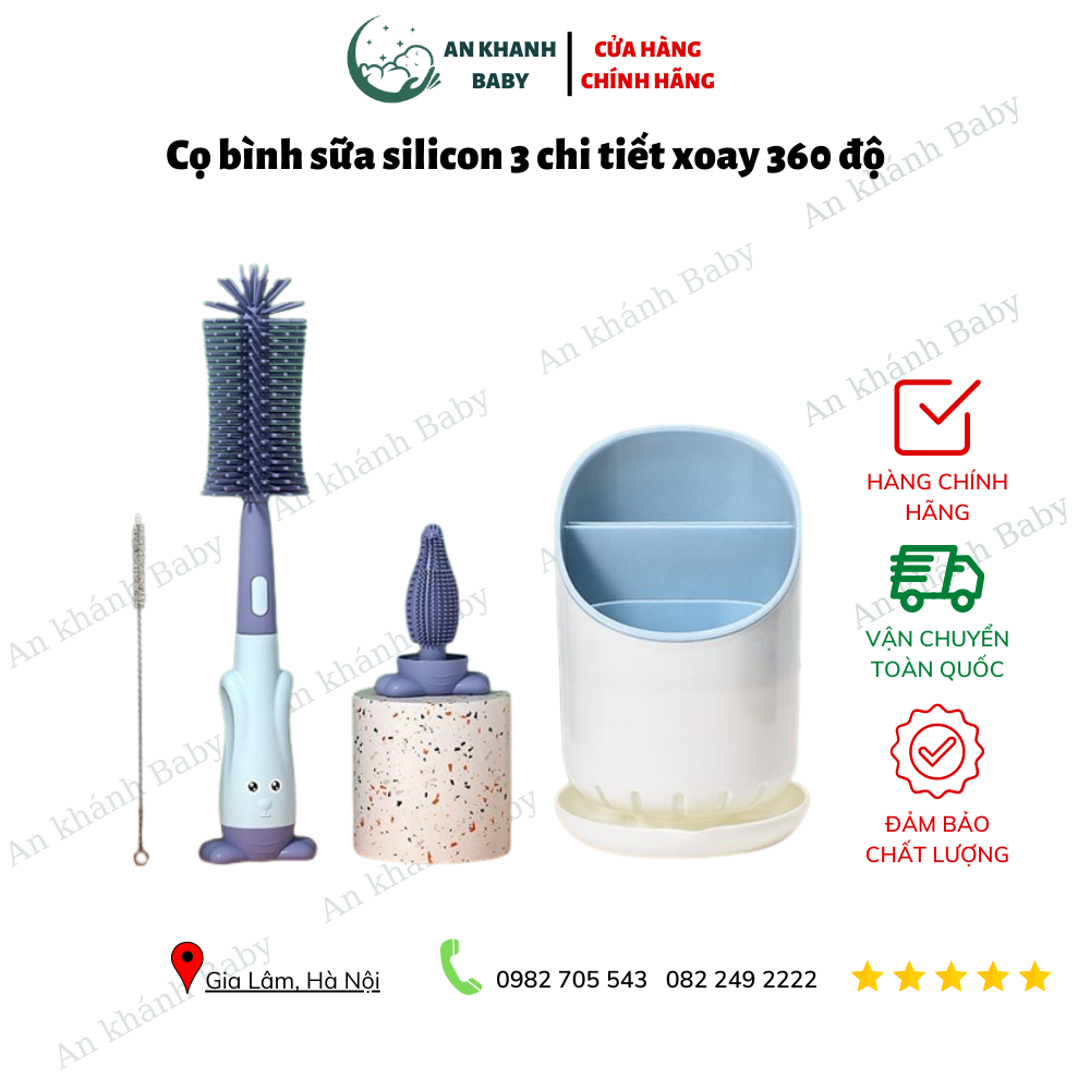 Cọ bình sữa silicon 3 chi tiết xoay 360 độ gấp gọn cán hình tai thỏ