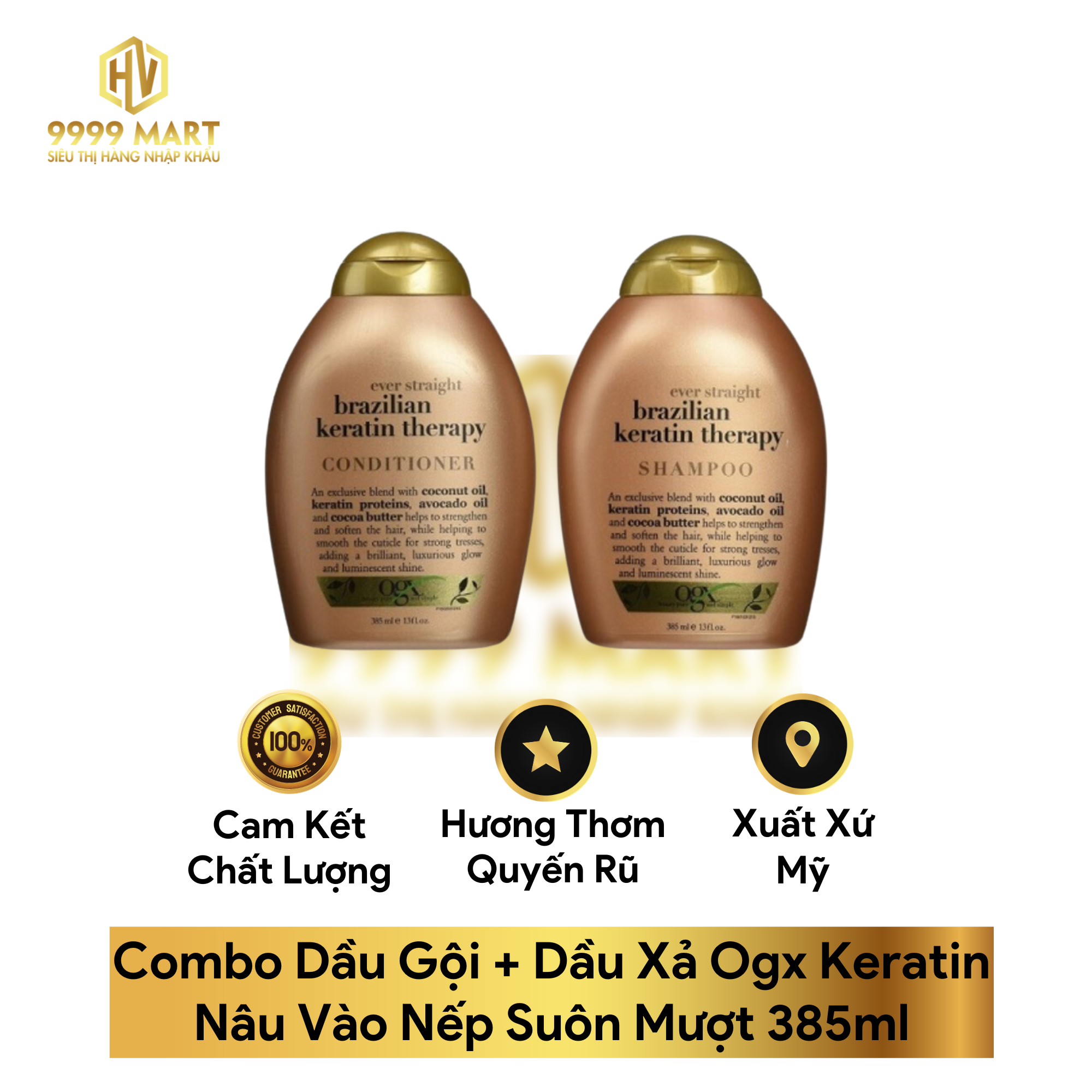 Combo Dầu Gội + Dầu Xả Ogx Keratin Nâu Vào Nếp Suôn Mượt 385ml