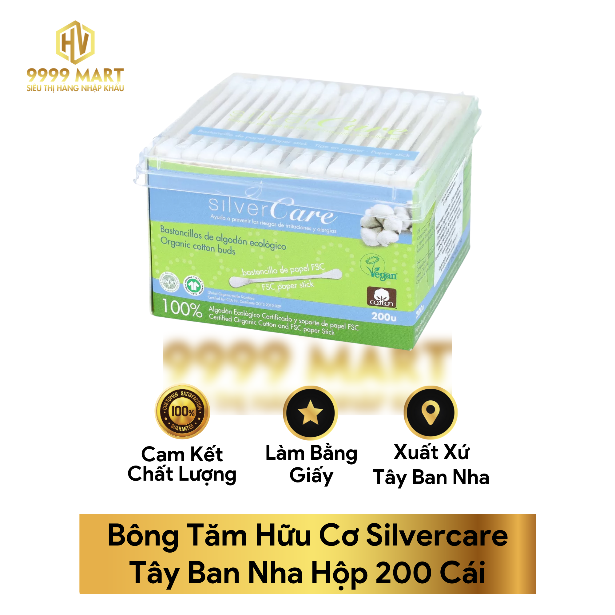 Bông Tăm Hữu Cơ Silvercare Tây Ban Nha Hộp 200 Cái
