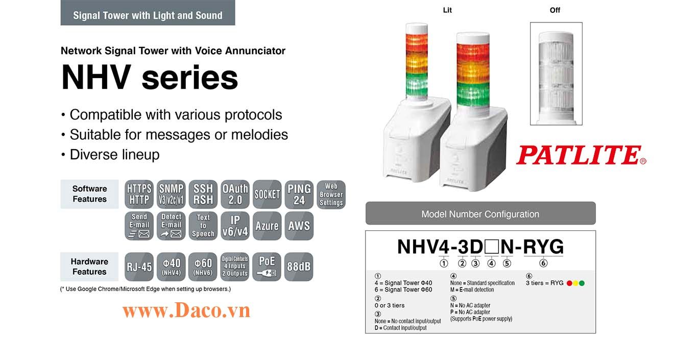 Đèn tháp giám sát mạng LAN Patlite NHV6 Φ60 Bóng LED 0-1-2-3-4-5 tầng Còi Buzzer/MP3 88dB