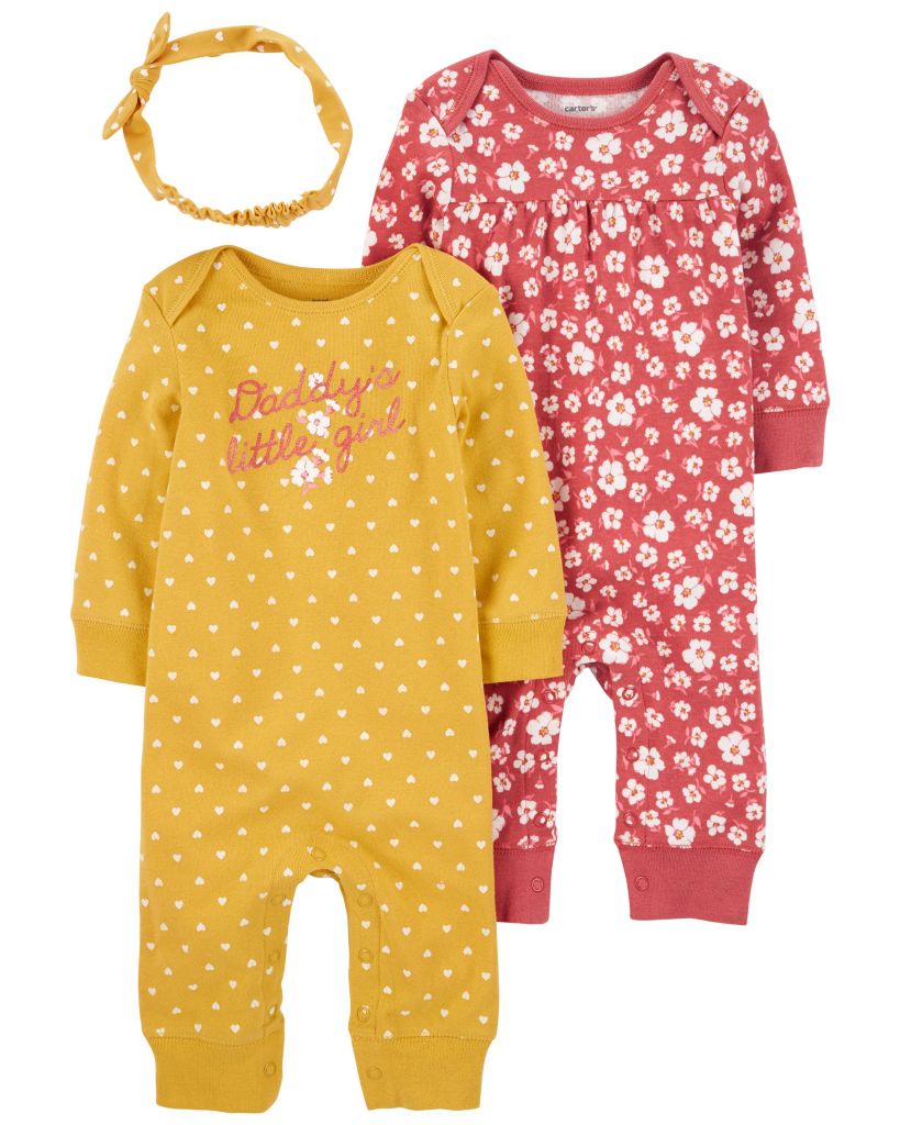 Set Gồm 2 Bodysuit Liền Quần Dài Bé Gái Vàng Và Hồng Kèm Băng Đô Carter's 0-24M