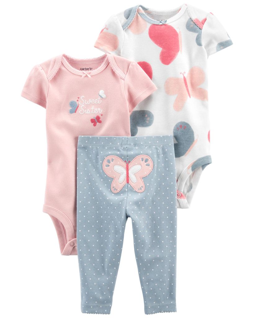 Set Gồm 2 Bodysuit Liền Quần Bé Gái Trắng Hồng Kèm Quần Dài Carter's 0-24M