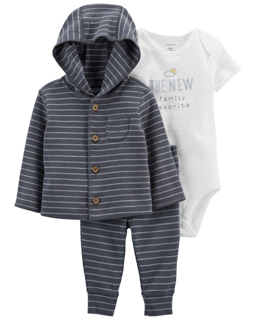 Set Gồm 1 Bodysuit Liền Quần Bé Trai Trắng Kèm Bộ Quần Áo Có Nón Tay Dài Xanh Đậm Carter's 0-24M