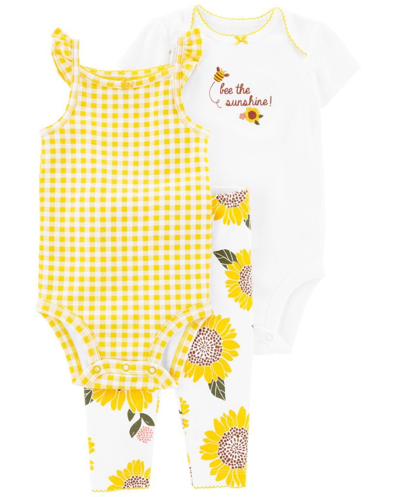 Set Gồm 2 Bodysuit Liền Quần Kèm Quần Dài Bé Gái Màu Vàng Carter's 0-24M