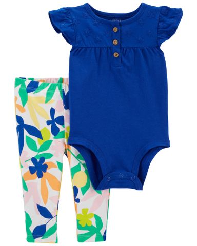 Set Bodysuit Liền Quần Bé Gái Xanh Đậm Kèm Quần Dài Hoa Carter's 0-24M