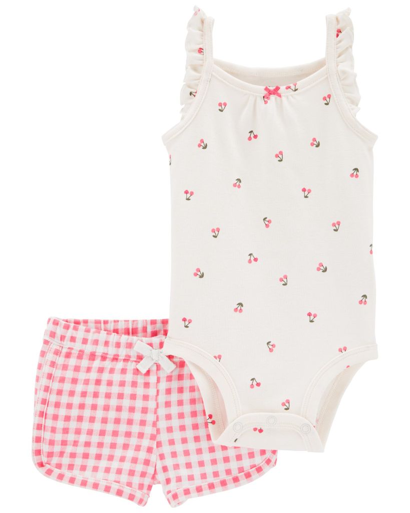 Set Bodysuit Liền Quần Bé Gái Trắng Kèm Quần Ngắn Caro Hồng Carter's 0-24M