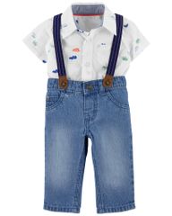 Set Bodysuit Sơ Mi Liền Quần Trắng Bé Trai Kèm Quần Jean Dây Đeo Vai Carter's 0-24M