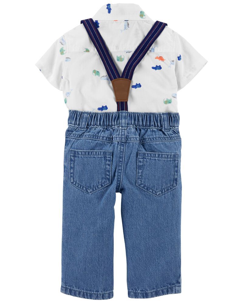 Set Bodysuit Sơ Mi Liền Quần Trắng Bé Trai Kèm Quần Jean Dây Đeo Vai Carter's 0-24M