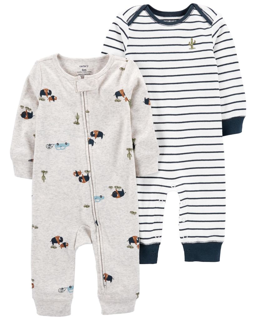 Set 2 Bodysuit Tay Dài Liền Quần Dài Bé Trai Hình Xe Và Sọc Ngang Carter's 0-24M