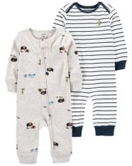 Set 2 Bodysuit Tay Dài Liền Quần Dài Bé Trai Hình Xe Và Sọc Ngang Carter's 0-24M