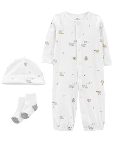 Set Bodysuit Liền Quần Dài Màu Trắng Hình Cừu Kèm Nón Và Vớ Carter's 0-24M