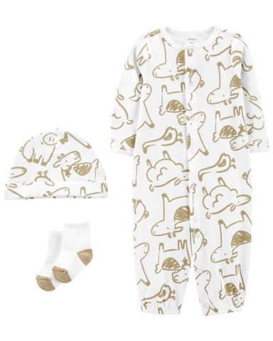 Set Bodysuit Liền Quần Dài Màu Trắng Hình Động Vật Kèm Nón Và Vớ Carter's 0-24M