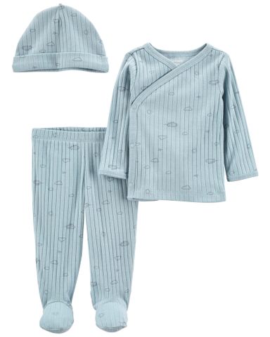 Set Áo Tay Dài Vạt Chéo Và Quần Dài Liền Vớ Xanh Hình Mây Kèm Nón Carter's 0-24M