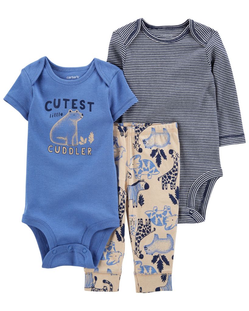 Set Gồm 2 Bodysuit Liền Quần Bé Trai Xanh Xám Kèm Quần Dài Carter's 0-24M