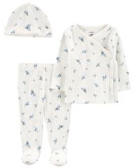 Set Áo Tay Dài Vạt Chéo Và Quần Dài Liền Vớ Bé Gái Trắng Kèm Nón Carter's 0-24M