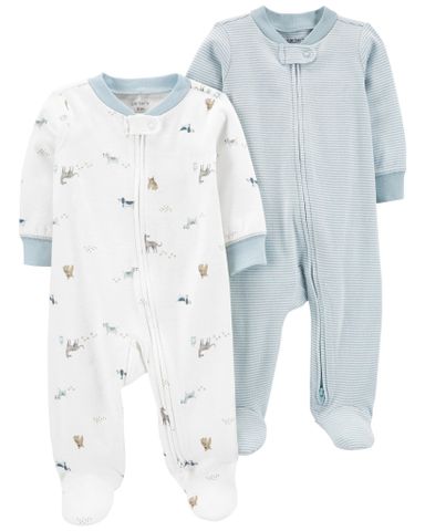 Set 2 Bodysuit Tay Dài Liền Quần Dài Bé Trai Xanh Sọc Và Trắng Carter's 0-24M