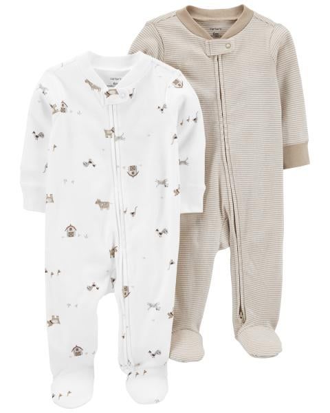 Set 2 Bodysuit Tay Dài Liền Quần Dài Màu Trắng Nâu Hình Động Vật Carter's 0-24M