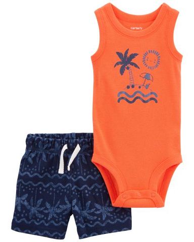 Set Bodysuit Liền Quần Bé Trai Hình Bãi Biển Kèm Quần Ngắn Màu Xanh Carter's 0-24M