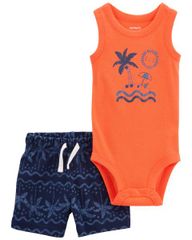 Set Bodysuit Liền Quần Bé Trai Hình Bãi Biển Kèm Quần Ngắn Màu Xanh Carter's 0-24M