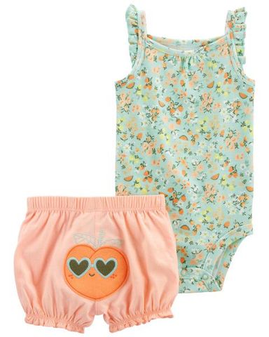 Set Bodysuit Liền Quần Bé Gái Màu Xanh Hình Hoa Nhí Kèm Quần Ngắn Màu Hồng Carter's 0-24M