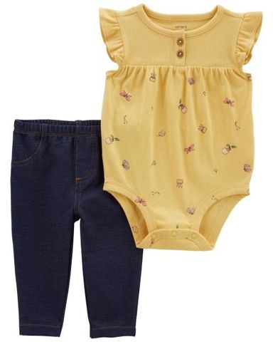 Set Bodysuit Liền Quần Bé Gái Màu Vàng Kèm Quần Dài Màu Xanh Carter's 0-24M