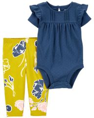 Set Bodysuit Liền Quần Bé Gái Màu Xanh Navy Kèm Quần Dài Màu Vàng Hình Hoa Carter's 0-24M