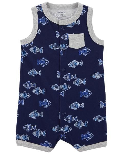 Romper Áo Liền Quần Bé Trai Màu Xanh Navy Hình Con Cá Carter's 0-24M