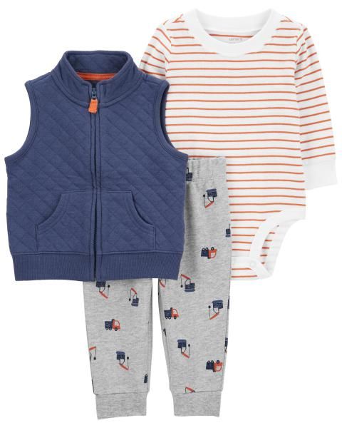 Set 3 Gồm Bodysuit Bé Trai Kẻ Ngang Hồng Kèm Quần Dài Màu Xám Và Áo Khoác Cộc Tay Màu Xanh Đậm Carter's 0-24M