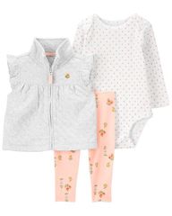 Set 3 Gồm Bodysuit Bé Gái Màu Trắng Kèm Quần Dài Màu Hồng Hình Hoa Và Áo Khoác Cộc Tay Màu Xám Carter's 0-24M